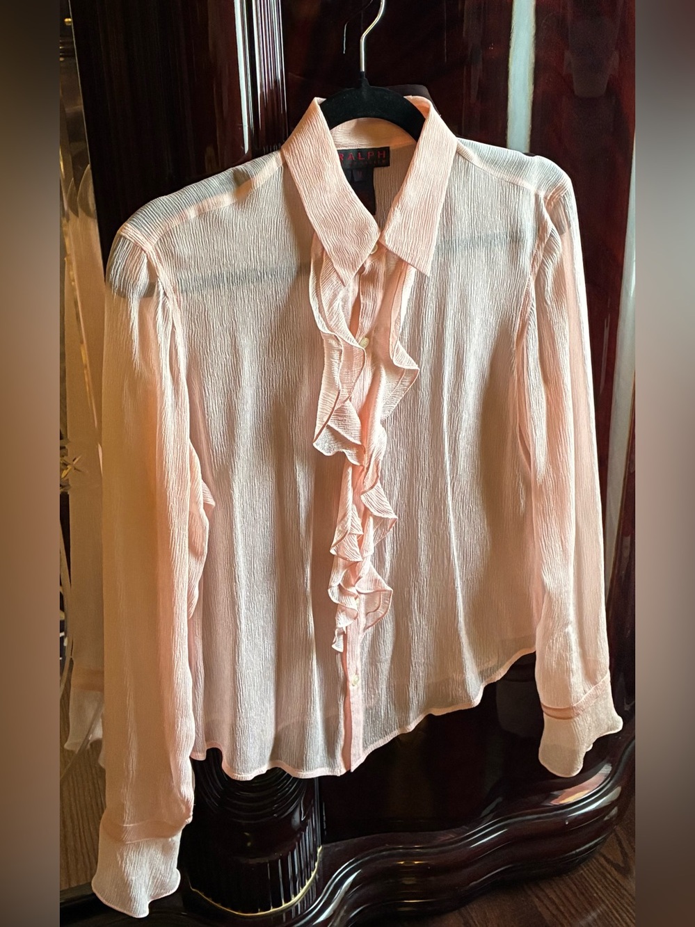 Y2K 100% Silk Ralph Lauren Sheer Ruffle-Front light pink women’s blouse